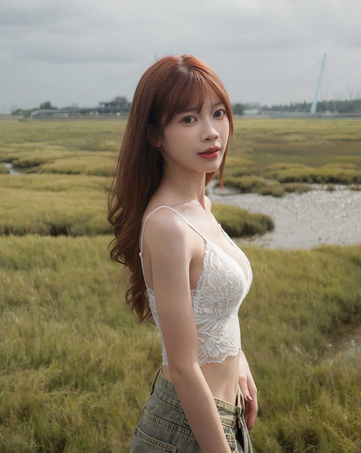 Betty 貝緹 @doulai_betty 清新甜美寫真：紅棕長髮美女穿白色蕾絲細肩帶上衣