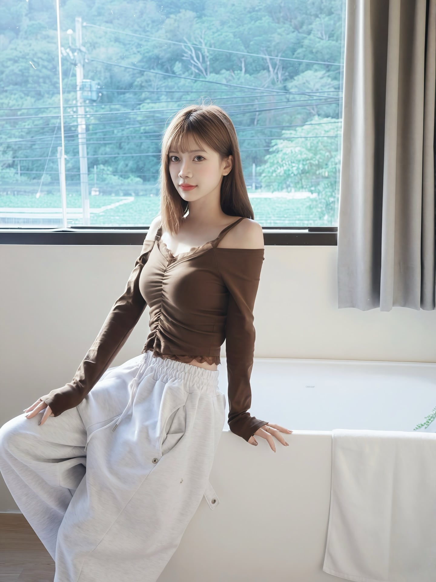 Betty 貝緹 @doulai_betty 悠閒氛圍寫真：棕色露肩長袖上衣與窗外綠意山景