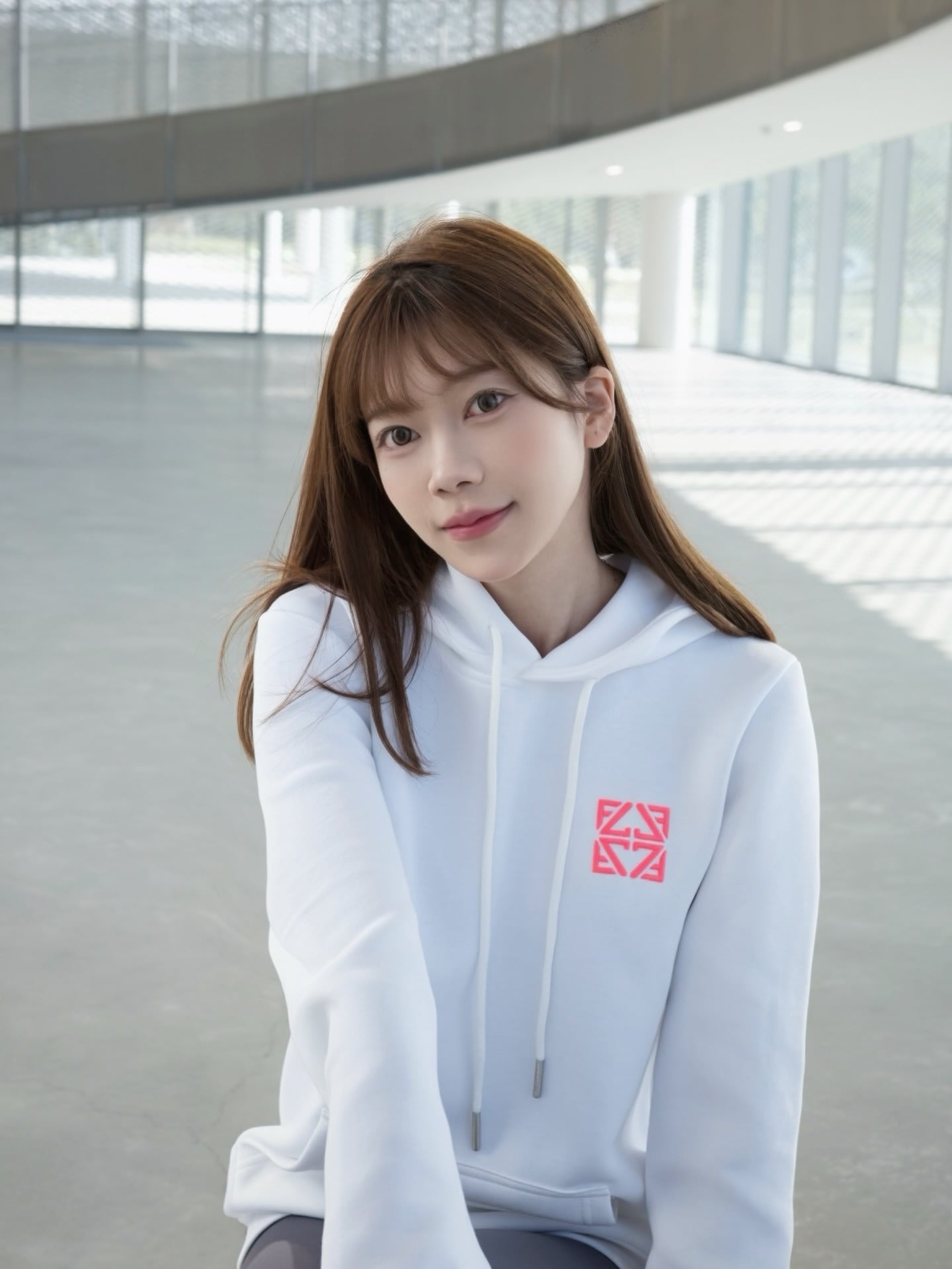 Betty 貝緹 @doulai_betty 甜美寫真：白色連帽衛衣穿搭，在現代建築空間內微笑