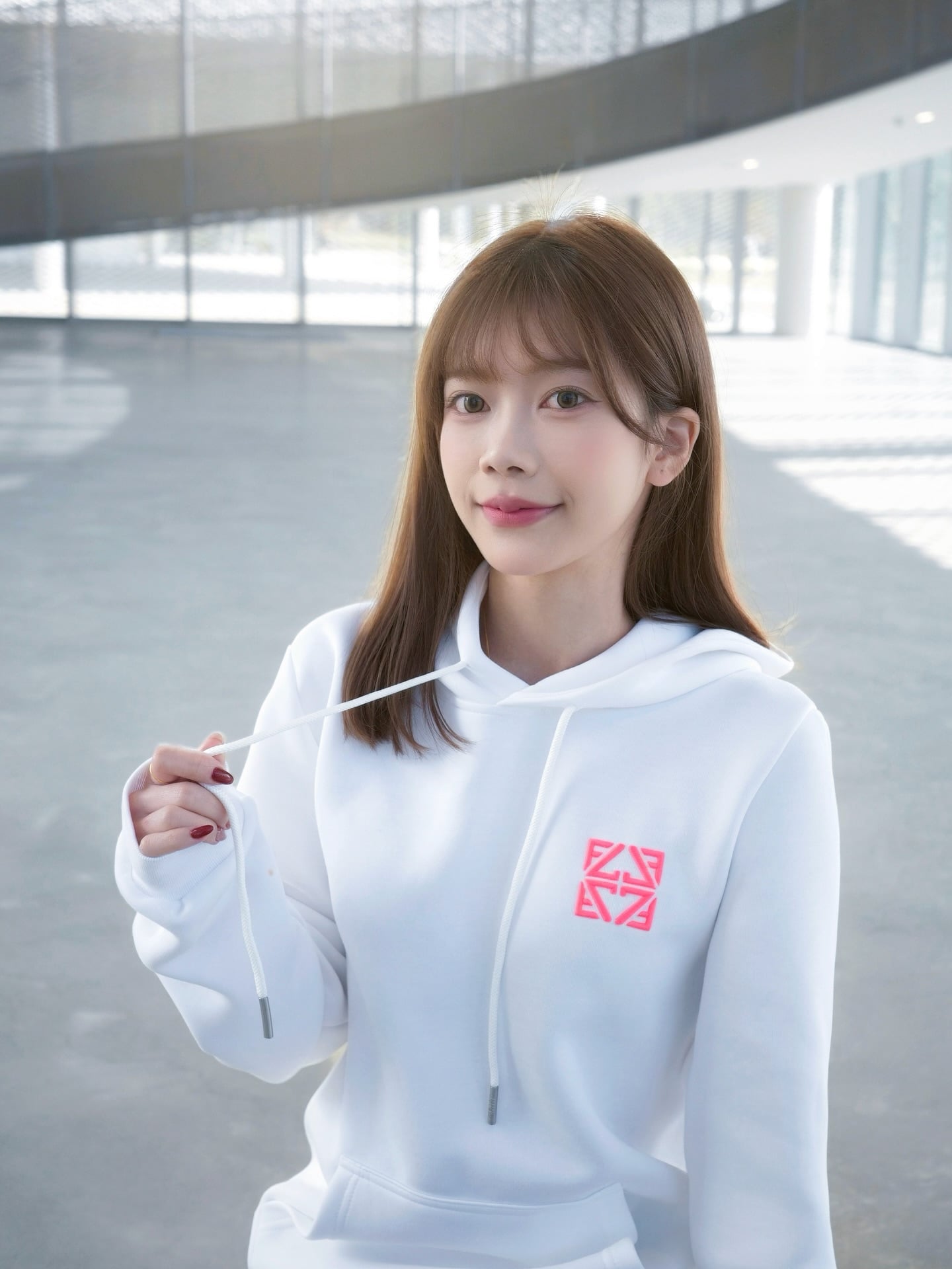 Betty 貝緹 @doulai_betty 現代時尚寫真：白色連帽衛衣、長棕色直髮與空氣瀏海